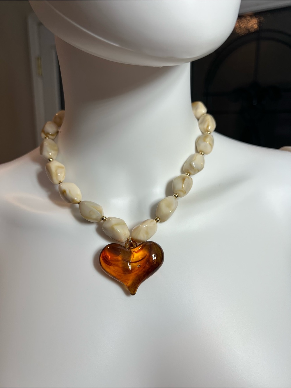Cream Bead Necklace with Amber Heart Pendant